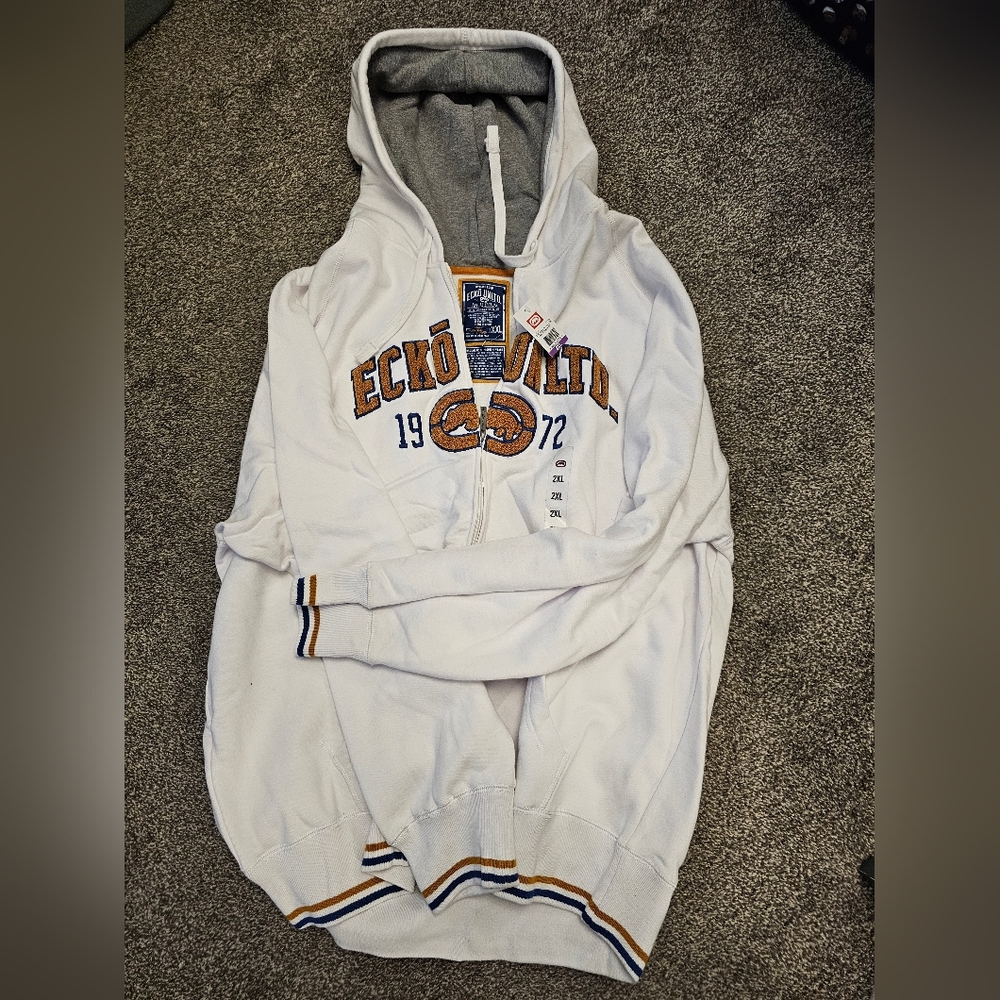 Marc Ecko White Hoodie with Blue and Orange Accents